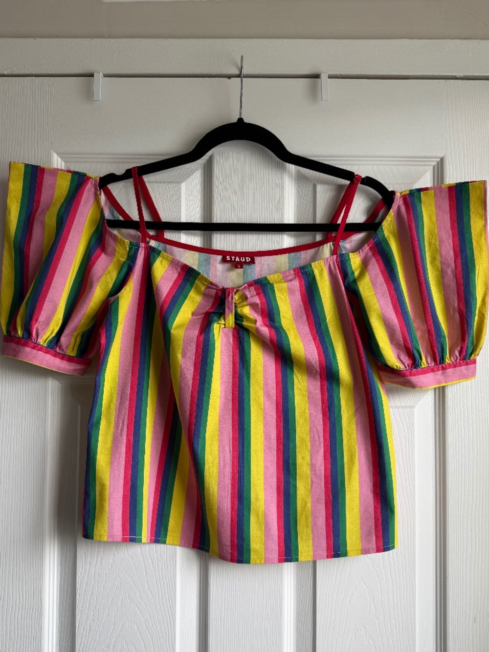 STAUD Rainbow Stripe Ruby Cold Shoulder Puff Sleeve Top Size S